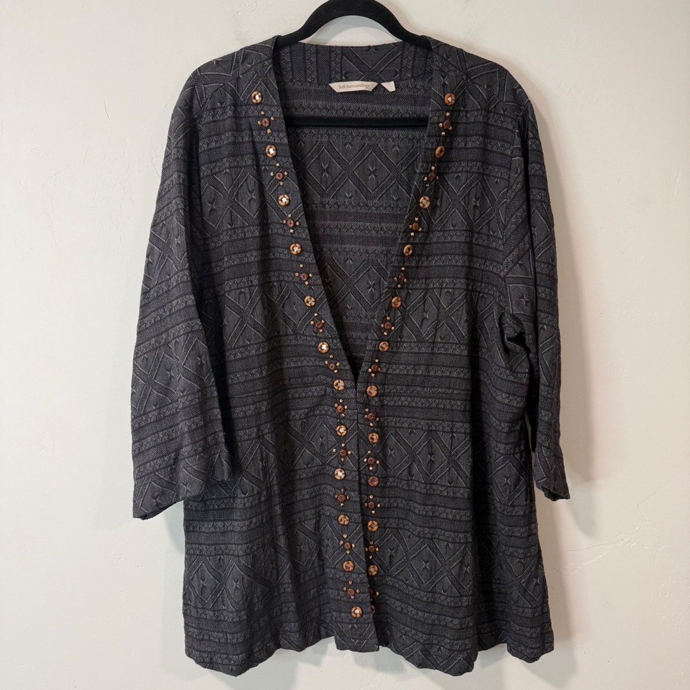 Soft Surroundings Womens Beatrice Topper Cardigan 2X Grey Beaded Linen Blend